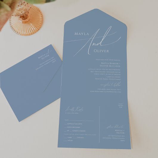 Invitation Tout En Un Script Whimsical | Sceau bleu Dusty et envoi