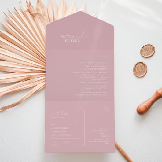 Invitation Tout En Un Script Whimsical | Sceau et envoi Rose Dusty