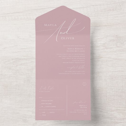 Invitation Tout En Un Script Whimsical | Sceau et envoi Rose Dusty (À l'intérieur)