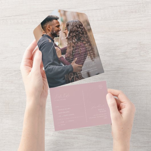 Invitation Tout En Un Script Whimsical | Sceau photo Rose Dusty et envoi (Déchirure)