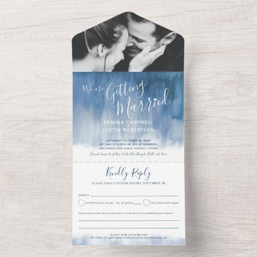 Invitation Tout En Un Se marier mariage photo bleu gris texte rsvp (À l'intérieur)