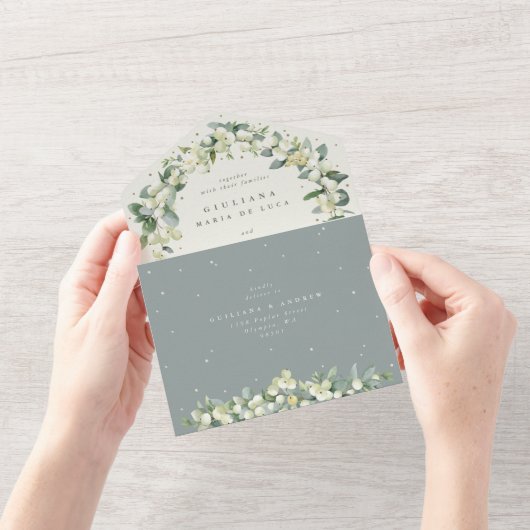 Invitation Tout En Un Seafoam Green/Crème Snowberry + Eucalyptus Mariage (Ouverture)