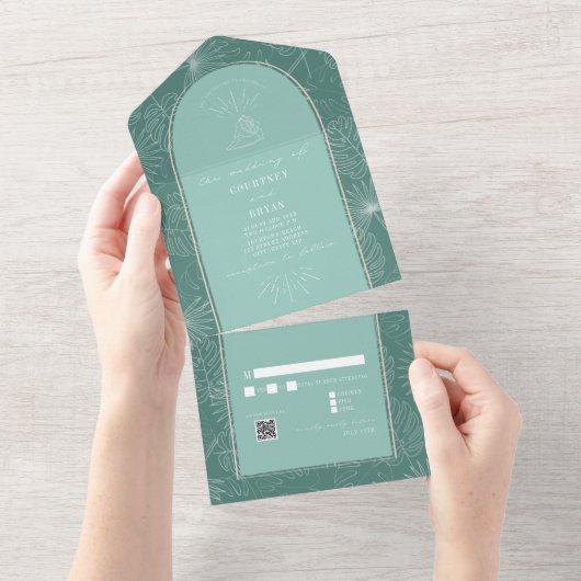 Invitation Tout En Un Seashell Palm Aqua Beach Wedding QR RSVP (Déchirure)