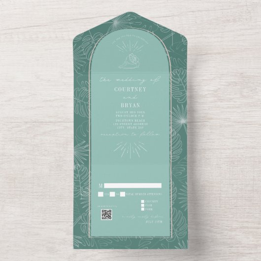 Invitation Tout En Un Seashell Palm Aqua Beach Wedding QR RSVP (À l'intérieur)