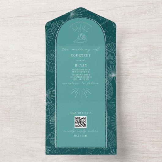 Invitation Tout En Un Seashell Palm Plage Turquoise Mariage QR Code RSVP (À l'intérieur)