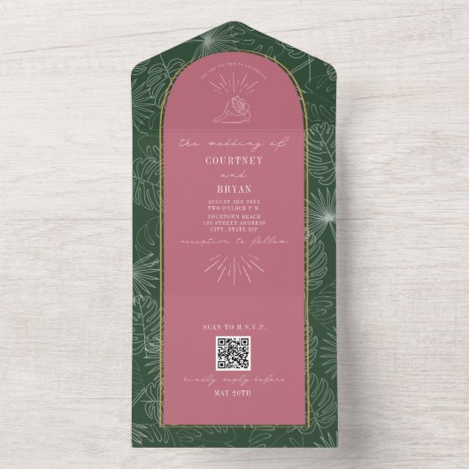 Invitation Tout En Un Seashell Palm Tree Beach Wedding QR Code RSVP (À l'intérieur)