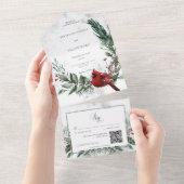 Invitation Tout En Un Serre d'hiver rustique et code QR cardinal rouge (Déchirure)