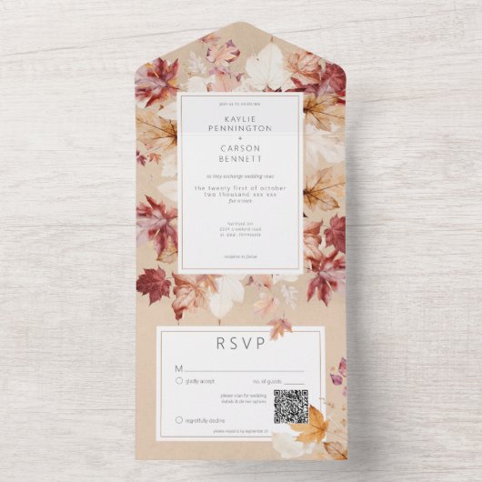 Invitation Tout En Un Serrure rustique des feuilles d'automne Tan QR Cod (À l'intérieur)