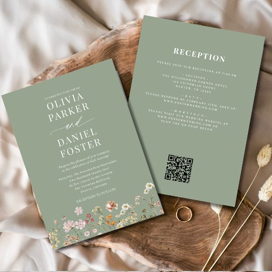 Invitation Tout en un seul Fleur sauvage vert QR Code Mariag