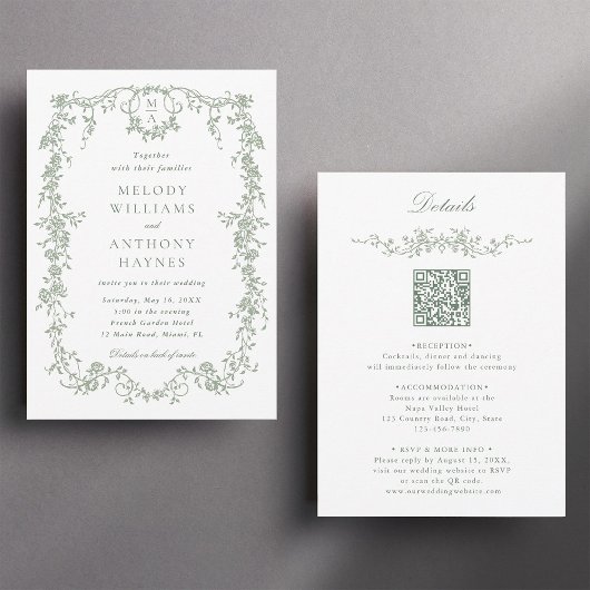 Invitation Tout en un seul Mariage Floral français vert