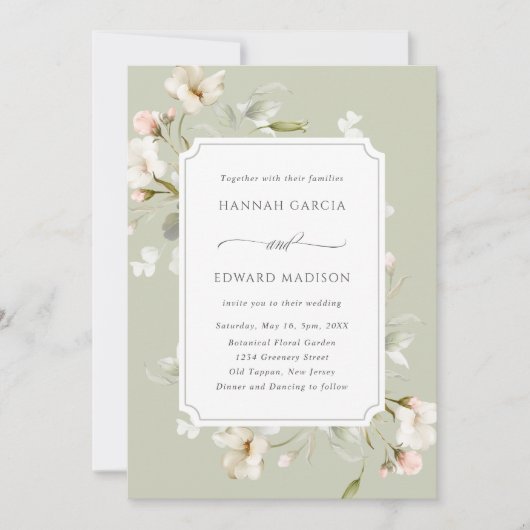 Invitation Tout en un seul Sage Blanc Blush Élégant Mariage F (Devant)
