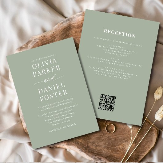 Invitation Tout en un seul Sage Vert QR Code Mariage