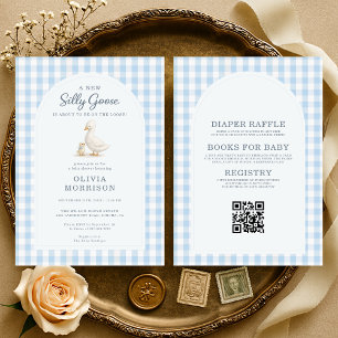 Invitation Tout en Un Silly Goose Bleu Gingham Baby Shower