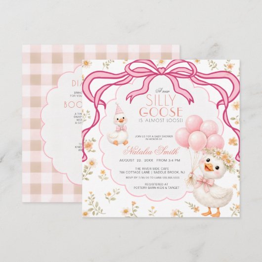 Invitation Tout en Un Silly Goose Gingham Bow Baby Shower (Devant / Derrière)