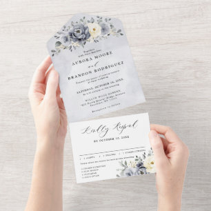 Invitation Tout En Un Silver Grey Ivory Floral hiver Rustique Mariage To