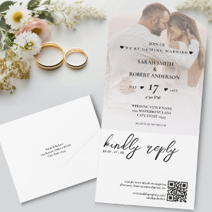 Invitation Tout En Un Simple blanc photo nouvellement mariée QR Code Mar