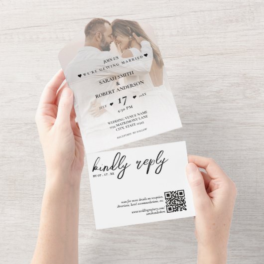 Invitation Tout En Un Simple blanc photo nouvellement mariée QR Code Mar (Déchirure)