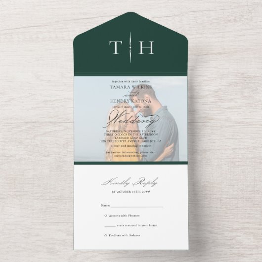 Invitation Tout En Un Simple Calligraphie Photo Emerald RSVP Mariage (À l'intérieur)