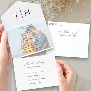 Invitation Tout En Un Simple Calligraphie photo RSVP Mariage blanc