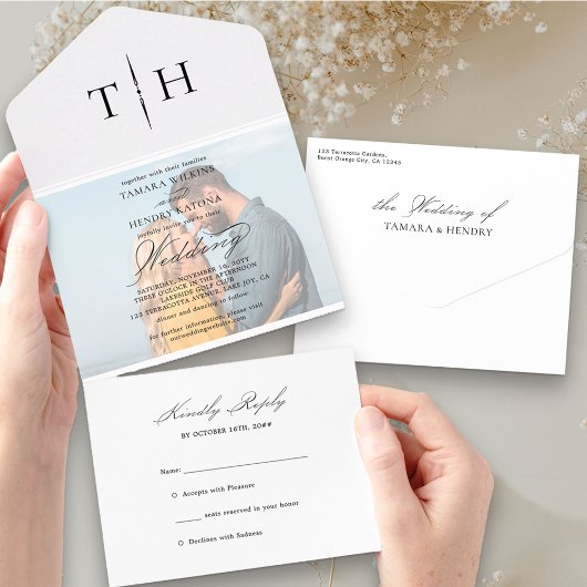 Invitation Tout En Un Simple Calligraphie photo RSVP Mariage blanc