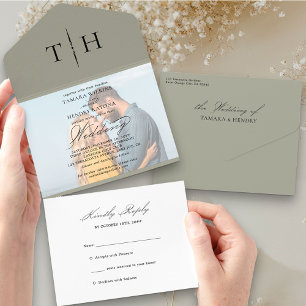 Invitation Tout En Un Simple Calligraphie Photo Vert Sauge RSVP Mariage