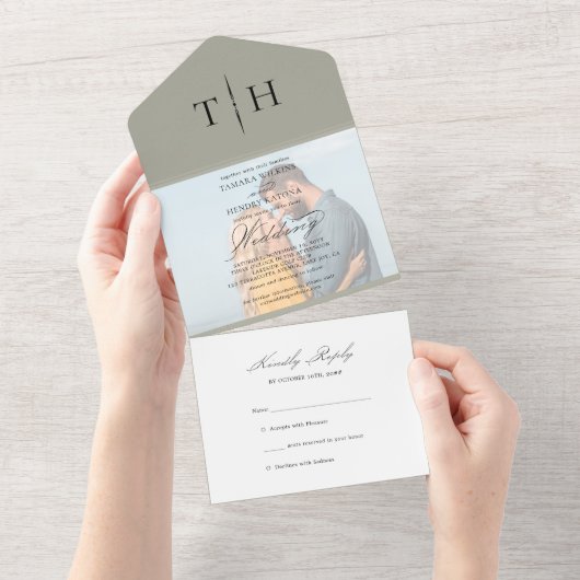 Invitation Tout En Un Simple Calligraphie Sage Green RSVP Mariage (Déchirure)