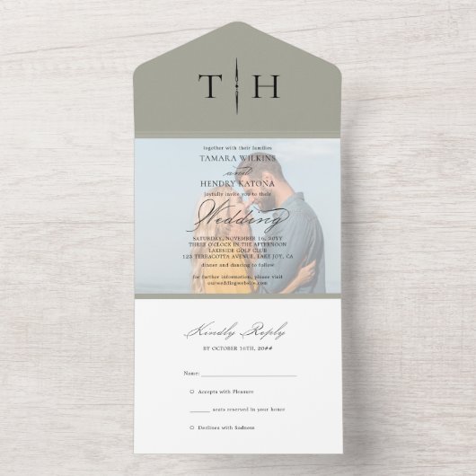 Invitation Tout En Un Simple Calligraphie Sage Green RSVP Mariage (À l'intérieur)