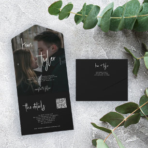Invitation Tout En Un Simple code QR de réponse mariage photo noir et bl