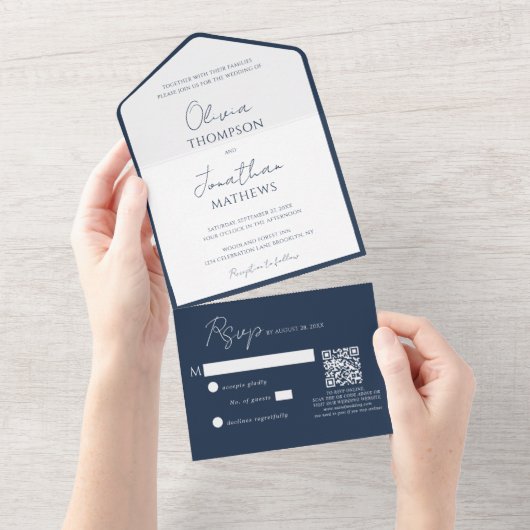 Invitation Tout En Un Simple Code QR Mariage Bordure Bleue Navy (Déchirure)