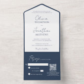 Invitation Tout En Un Simple Code QR Mariage Bordure Bleue Navy (À l'intérieur)