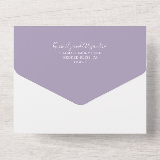 Invitation Tout En Un Simple Coeur mignon Moderne Dusty Mariage violet (Verso)