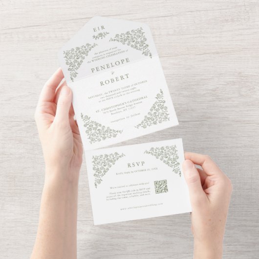 Invitation Tout En Un Simple Delicate Floral QR Code Sage Mariage vert (Déchirure)