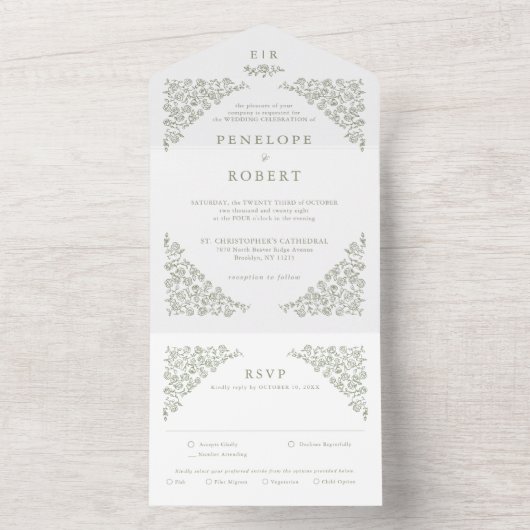 Invitation Tout En Un Simple Delicate Floral Timeless Sage Mariage vert (À l'intérieur)