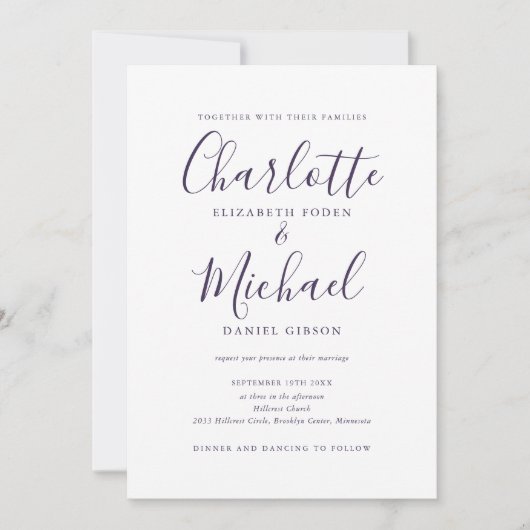 Invitation Tout en un simple élégant Mariage de script violet (Devant)