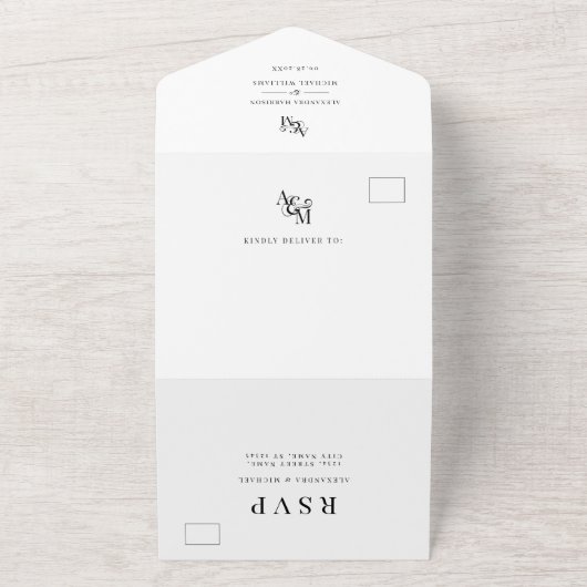 Invitation Tout En Un Simple Elegant noir blanc moderne Mariage Monogram (Dehors)