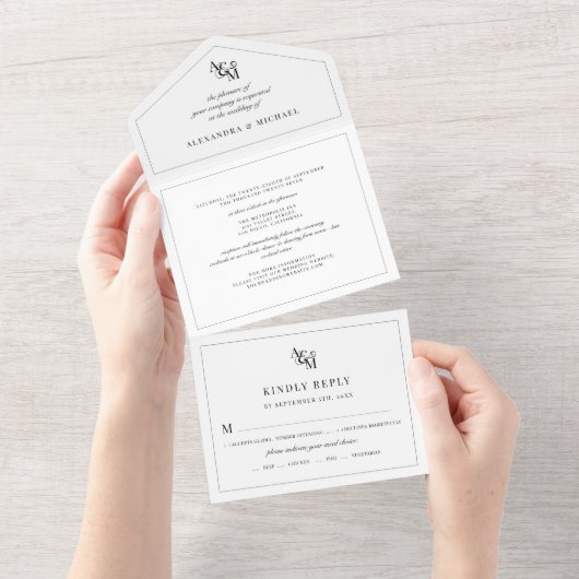 Invitation Tout En Un Simple Elegant noir blanc moderne Mariage Monogram (Déchirure)