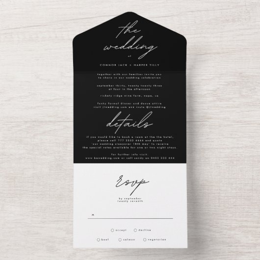 Invitation Tout En Un Simple Elegant noir sur Mariage blanc (À l'intérieur)
