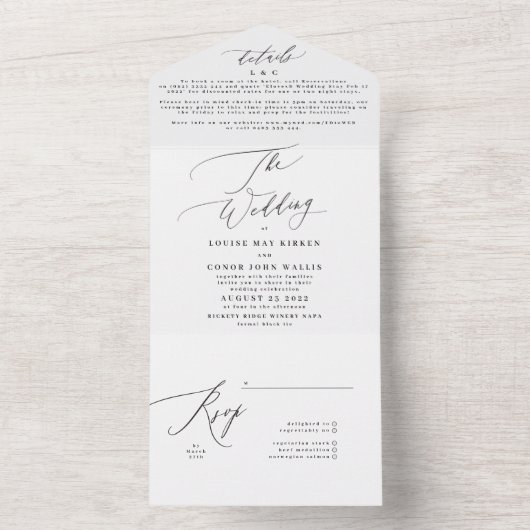 Invitation Tout En Un Simple Elegant noir sur Mariage blanc (À l'intérieur)