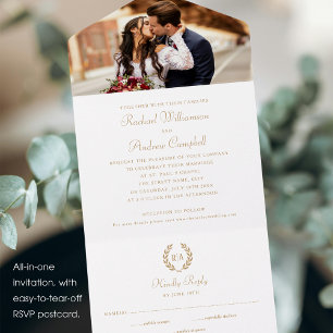 Invitation Tout En Un Simple Elegant Photo Monogramme Or Mariage blanc