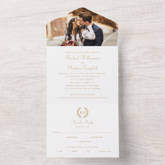 Invitation Tout En Un Simple Elegant Photo Monogramme Or Mariage blanc (À l'intérieur)