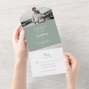 Invitation Tout En Un Simple Élégant Rustique Vert Sauge Photo Mariage