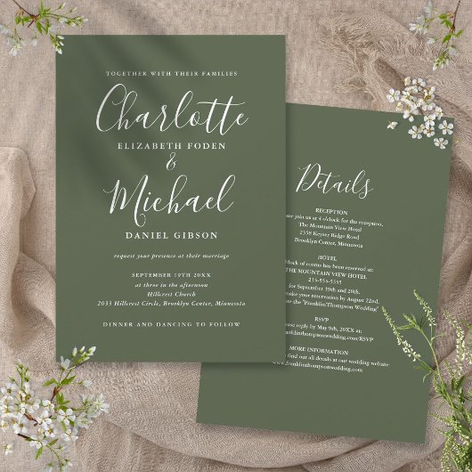 Invitation Tout En Un Simple Élégant Script Mariage Olive