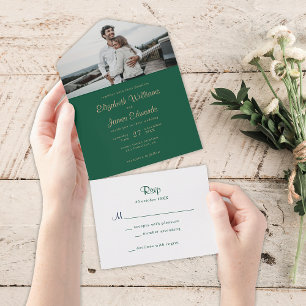 Invitation Tout En Un Simple Élégant Vert Émeraude Or Photo Mariage