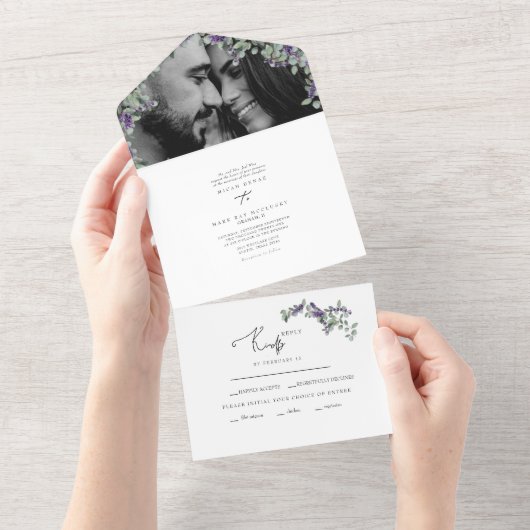 Invitation Tout En Un Simple Eucalyptus & Lavender Deux Mariages photo (Déchirure)