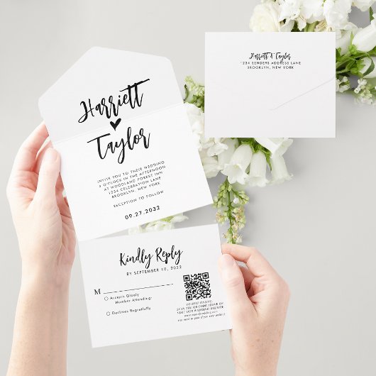 Invitation Tout En Un Simple Lovely Heart Script Mariage QR Code Rsvp