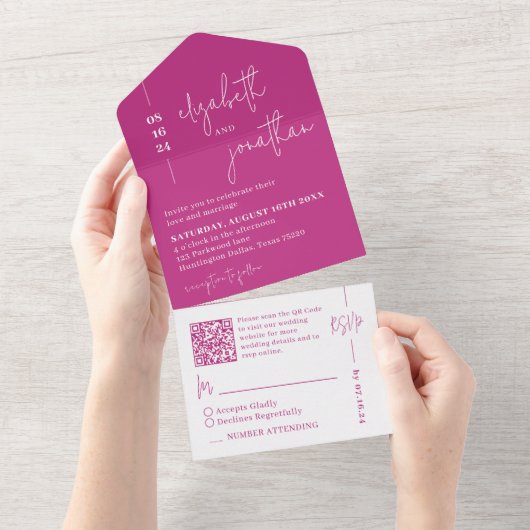 Invitation Tout En Un Simple Magenta QR Code Classy Script Mariage (Déchirure)