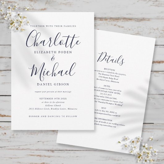 Invitation Tout En Un Simple Mariage Bleu Marine Script