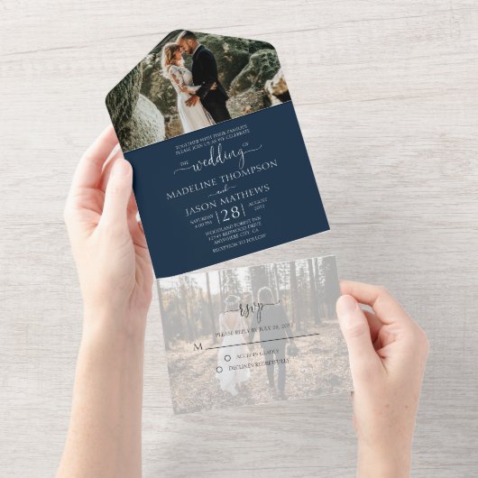 Invitation Tout En Un Simple Mariage Bleu Nuit 2 Photo RSVP (Déchirure)