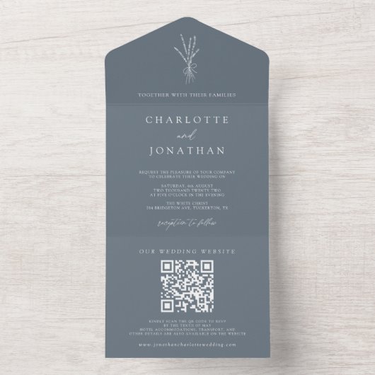 Invitation Tout En Un Simple Mariage Botanique Dusty Bleu (À l'intérieur)