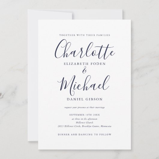 Invitation Tout en un simple Mariage de script bleu marine (Devant)